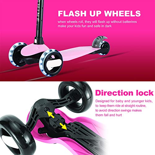 Kick Scooter for Kids 3 Wheels Scooters for Toddlers Girls Boys with Adjustable Height, Light Up Flashing Wheels, Lean-to-Steer, Sturdy Deck, Extra Wide, Quick-Release, for Ages 2-5 Years Old, Pink