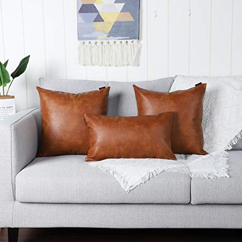 MANDIOO Set of 2 Lumbar Faux Leather Decorative Throw Pillow Covers Modern Solid Outdoor Cushion Cases Luxury Pillowcases for Couch Sofa Bed 12x20 Inches Brown