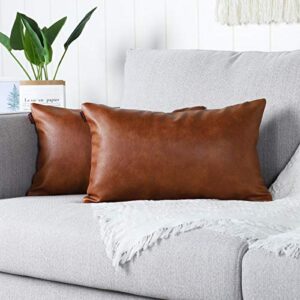 MANDIOO Set of 2 Lumbar Faux Leather Decorative Throw Pillow Covers Modern Solid Outdoor Cushion Cases Luxury Pillowcases for Couch Sofa Bed 12x20 Inches Brown