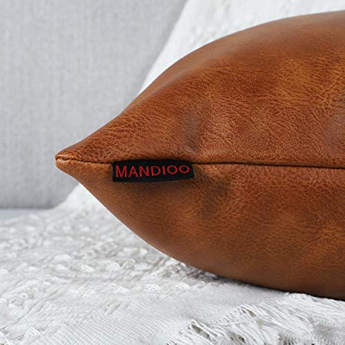 MANDIOO Set of 2 Lumbar Faux Leather Decorative Throw Pillow Covers Modern Solid Outdoor Cushion Cases Luxury Pillowcases for Couch Sofa Bed 12x20 Inches Brown