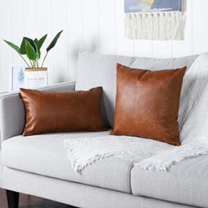 MANDIOO Set of 2 Lumbar Faux Leather Decorative Throw Pillow Covers Modern Solid Outdoor Cushion Cases Luxury Pillowcases for Couch Sofa Bed 12x20 Inches Brown