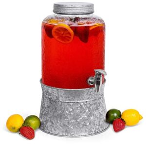 BirdRock Home 2.5 Gallon Pebbled Glass Beverage Dispenser with Galvanized Stand - Lid - Spigot - Decorative Round Jar for Drinks - Lemonade Sangria Tea Water Drink Jar Jug - Home Parties