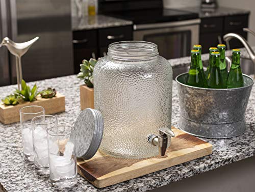 BirdRock Home 2.5 Gallon Pebbled Glass Beverage Dispenser with Galvanized Stand - Lid - Spigot - Decorative Round Jar for Drinks - Lemonade Sangria Tea Water Drink Jar Jug - Home Parties