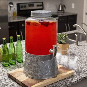 BirdRock Home 2.5 Gallon Pebbled Glass Beverage Dispenser with Galvanized Stand - Lid - Spigot - Decorative Round Jar for Drinks - Lemonade Sangria Tea Water Drink Jar Jug - Home Parties