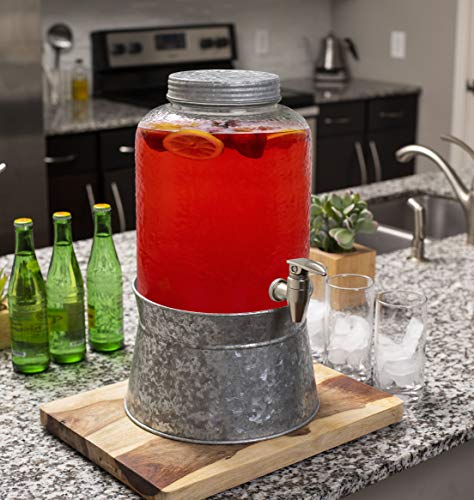 BirdRock Home 2.5 Gallon Pebbled Glass Beverage Dispenser with Galvanized Stand - Lid - Spigot - Decorative Round Jar for Drinks - Lemonade Sangria Tea Water Drink Jar Jug - Home Parties