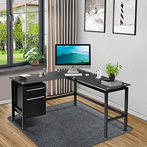 Greenvelly Black L Shaped Office Computer Desk with Storage Drawers, 56” Metal Black Home Desk with Tempered Glass Top, Modern Study Writing Table for Workstation (Metal Steel Frame)