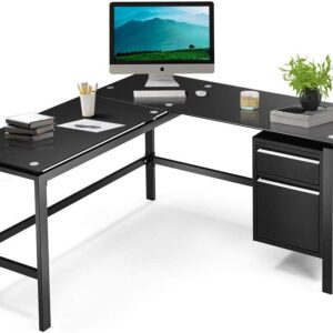 Greenvelly Black L Shaped Office Computer Desk with Storage Drawers, 56” Metal Black Home Desk with Tempered Glass Top, Modern Study Writing Table for Workstation (Metal Steel Frame)