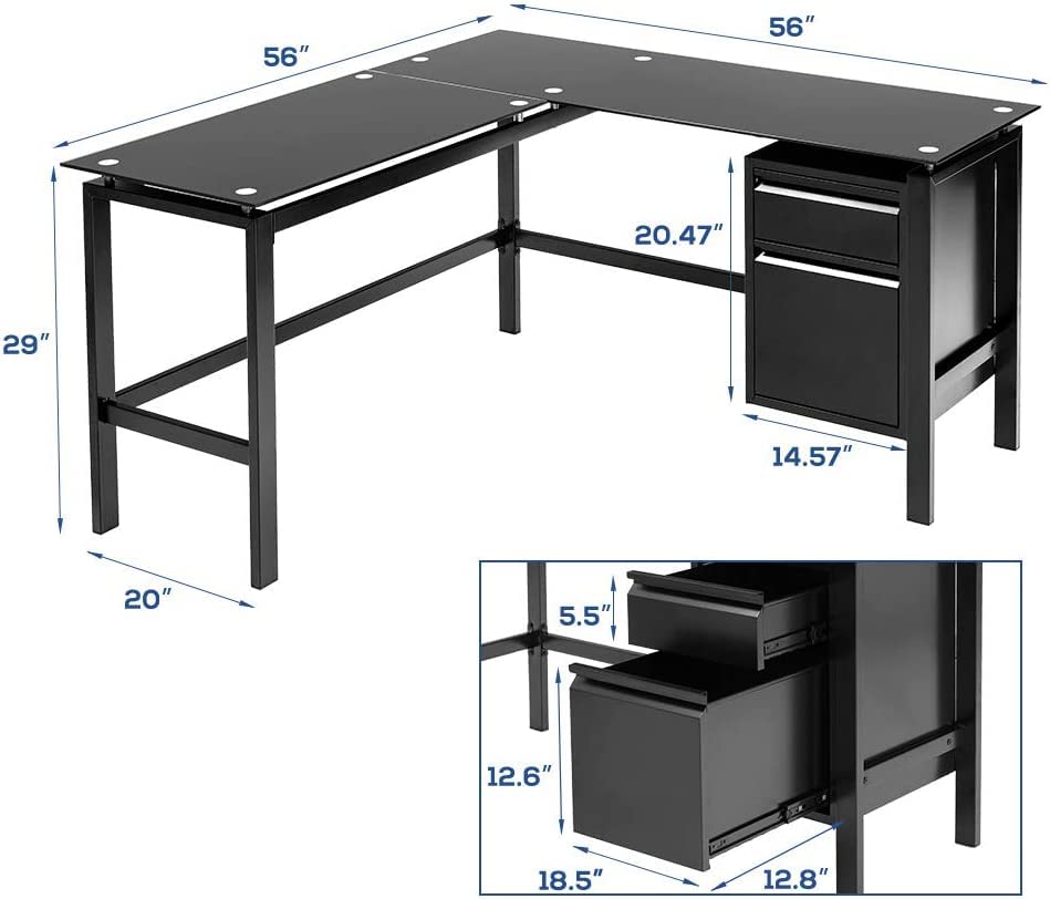 Greenvelly Black L Shaped Office Computer Desk with Storage Drawers, 56” Metal Black Home Desk with Tempered Glass Top, Modern Study Writing Table for Workstation (Metal Steel Frame)