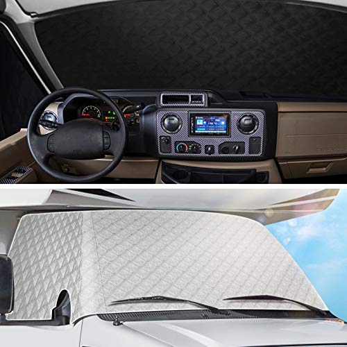 RV Windshield Cover Compatible with Ford Class C 1997-2023 RV Front Window Cover RV Motorhome Windshield Cover RV Window Shade Sunshade Cover Snow Cover with Mirror Cutouts