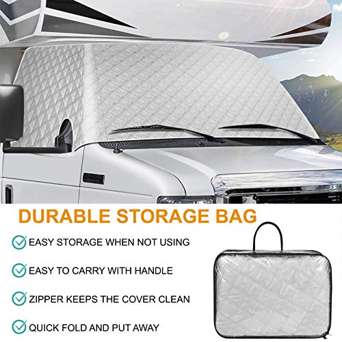 RV Windshield Cover Compatible with Ford Class C 1997-2023 RV Front Window Cover RV Motorhome Windshield Cover RV Window Shade Sunshade Cover Snow Cover with Mirror Cutouts