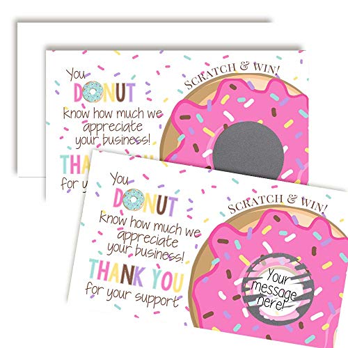 Donut Themed Scratch & Win Customer Appreciation Package Inserts for Small Businesses, 20 2" X 3.5” Single Sided Insert Cards with Scratch Off Stickers included by AmandaCreation