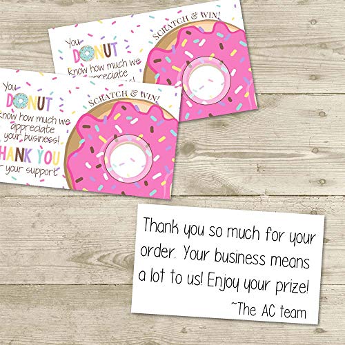 Donut Themed Scratch & Win Customer Appreciation Package Inserts for Small Businesses, 20 2" X 3.5” Single Sided Insert Cards with Scratch Off Stickers included by AmandaCreation