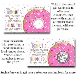 Donut Themed Scratch & Win Customer Appreciation Package Inserts for Small Businesses, 20 2" X 3.5” Single Sided Insert Cards with Scratch Off Stickers included by AmandaCreation