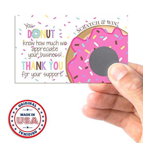 Donut Themed Scratch & Win Customer Appreciation Package Inserts for Small Businesses, 20 2" X 3.5” Single Sided Insert Cards with Scratch Off Stickers included by AmandaCreation