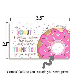 Donut Themed Scratch & Win Customer Appreciation Package Inserts for Small Businesses, 20 2" X 3.5” Single Sided Insert Cards with Scratch Off Stickers included by AmandaCreation