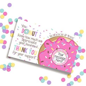 Donut Themed Scratch & Win Customer Appreciation Package Inserts for Small Businesses, 20 2" X 3.5” Single Sided Insert Cards with Scratch Off Stickers included by AmandaCreation