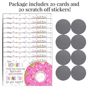 Donut Themed Scratch & Win Customer Appreciation Package Inserts for Small Businesses, 20 2" X 3.5” Single Sided Insert Cards with Scratch Off Stickers included by AmandaCreation