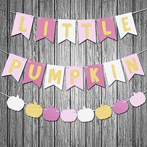 HEETON Little Pumpkin Banner Pink Girl Fall Baby Shower Birthday Halloween Thanksgiving Pumpkin Party Decorations Supplies Photo Booth Props