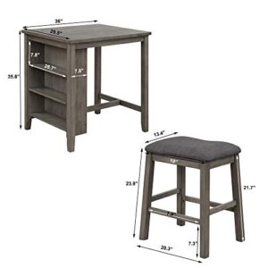 3-Piece Dining Room Table Set, Bar Pub Table Set with Storage Shelf, Industrial Style Counter Height Kitchen Table with 2 Backless Barstools for Dining Area (Gray)