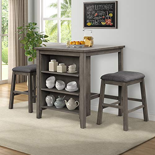 3-Piece Dining Room Table Set, Bar Pub Table Set with Storage Shelf, Industrial Style Counter Height Kitchen Table with 2 Backless Barstools for Dining Area (Gray)