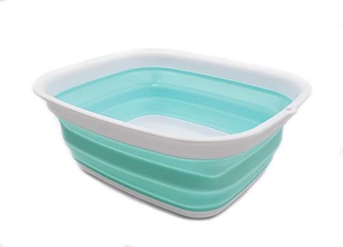 SAMMART 9.45L (2.5 Gallon) Collapsible Tub - Foldable Dish Tub - Portable Washing Basin - Space Saving Plastic Washtub (White/Lake Green, M)