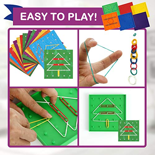 Double-Sided Geoboard - Mathematical Manipulative Material Geo Board, Graphical Educational Toy for Geometry and Creativity- 5 x 5 Grid/12 Pin Circular Array, 15 Cards with 30 Design, and Rubber Bands