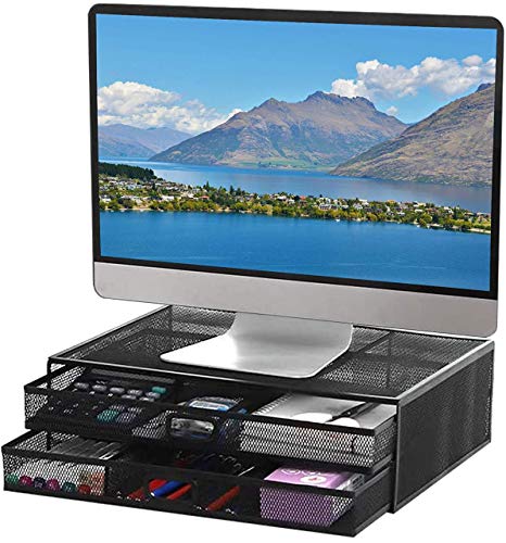 YCOCO Monitor Stand Riser,Metal Mesh Monitor Riser Desktop Stand with 2 Storage Drawers,Multi-Purpose Desktop Storage Stand for Computer,Laptop,Printer,Black