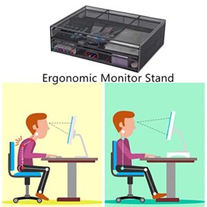 YCOCO Monitor Stand Riser,Metal Mesh Monitor Riser Desktop Stand with 2 Storage Drawers,Multi-Purpose Desktop Storage Stand for Computer,Laptop,Printer,Black