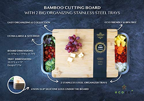 ecozoi Bamboo Cutting Board with Containers, Large Wood Cutting Board with Slide Out Trays, Eco Friendly Space Saver and Non Slip Chopping Board, Wooden Butcher Block with Pull Out Drawers