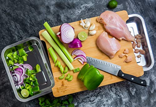 ecozoi Bamboo Cutting Board with Containers, Large Wood Cutting Board with Slide Out Trays, Eco Friendly Space Saver and Non Slip Chopping Board, Wooden Butcher Block with Pull Out Drawers