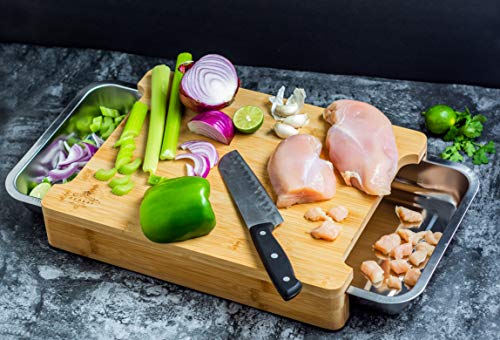 ecozoi Bamboo Cutting Board with Containers, Large Wood Cutting Board with Slide Out Trays, Eco Friendly Space Saver and Non Slip Chopping Board, Wooden Butcher Block with Pull Out Drawers