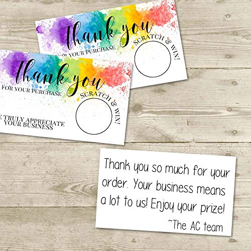 Rainbow Watercolor Themed Scratch & Win Customer Appreciation Package Inserts for Small Businesses, 20 2" X 3.5” Single Sided Insert Cards with Scratch Off Stickers included by AmandaCreation