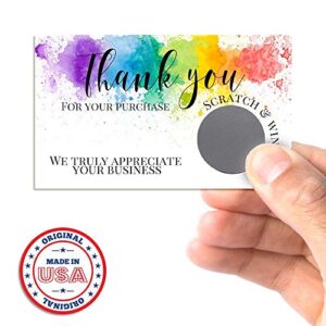 Rainbow Watercolor Themed Scratch & Win Customer Appreciation Package Inserts for Small Businesses, 20 2" X 3.5” Single Sided Insert Cards with Scratch Off Stickers included by AmandaCreation