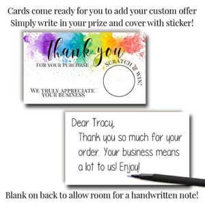 Rainbow Watercolor Themed Scratch & Win Customer Appreciation Package Inserts for Small Businesses, 20 2" X 3.5” Single Sided Insert Cards with Scratch Off Stickers included by AmandaCreation