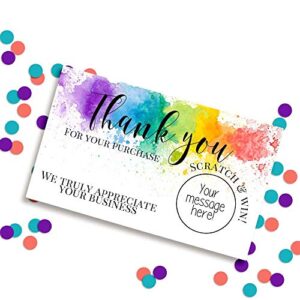 Rainbow Watercolor Themed Scratch & Win Customer Appreciation Package Inserts for Small Businesses, 20 2" X 3.5” Single Sided Insert Cards with Scratch Off Stickers included by AmandaCreation