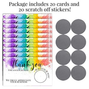 Rainbow Watercolor Themed Scratch & Win Customer Appreciation Package Inserts for Small Businesses, 20 2" X 3.5” Single Sided Insert Cards with Scratch Off Stickers included by AmandaCreation