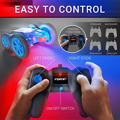 Force1 Tornado LED Remote Control Car for Kids - Double Sided Fast RC Car, 4WD Off-Road Stunt Car with 360 Flips, All Terrain Tires, LEDs, RC Crawler Rechargeable Toy Car Battery, Easy Kids Car Remote