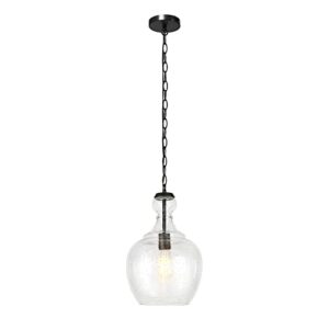 Henn&Hart 11" Wide Pendant with Glass Shade in Blackened Bronze/Seeded, Pendant, Flush Mount Ceiling Light Fixture for Kitchen, Living Room