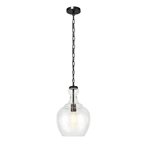 Henn&Hart 11" Wide Pendant with Glass Shade in Blackened Bronze/Seeded, Pendant, Flush Mount Ceiling Light Fixture for Kitchen, Living Room