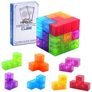 worwoder kids magnetic building blocks magic magnetic 3d puzzle cubes, set of 7 multi shapes magnetic blocks with 54 guide cards, intelligence developing and stress relief fidget toys for kids adults