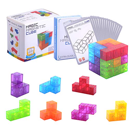 WorWoder Kids Magnetic Building Blocks Magic Magnetic 3D Puzzle Cubes, Set of 7 Multi Shapes Magnetic Blocks with 54 Guide Cards, Intelligence Developing and Stress Relief Fidget Toys for Kids Adults