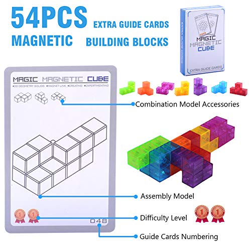 WorWoder Kids Magnetic Building Blocks Magic Magnetic 3D Puzzle Cubes, Set of 7 Multi Shapes Magnetic Blocks with 54 Guide Cards, Intelligence Developing and Stress Relief Fidget Toys for Kids Adults