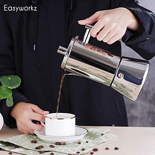 Easyworkz Diego Stovetop Espresso Maker Stainless Steel Italian Coffee Machine Maker 4Cup 6.8 oz Induction Moka Pot