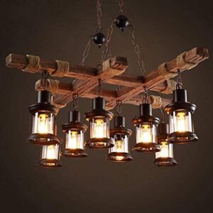 8 lights industrial wooden hanging lighting black metal chandelier farmhouse vintage pendant lamp glass lampshade for pool table kitchen island bar retro ceiling light height adjustable fixture