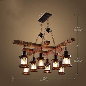 8 Lights Industrial Wooden Hanging Lighting Black Metal Chandelier Farmhouse Vintage Pendant Lamp Glass Lampshade for Pool Table Kitchen Island Bar Retro Ceiling Light Height Adjustable Fixture