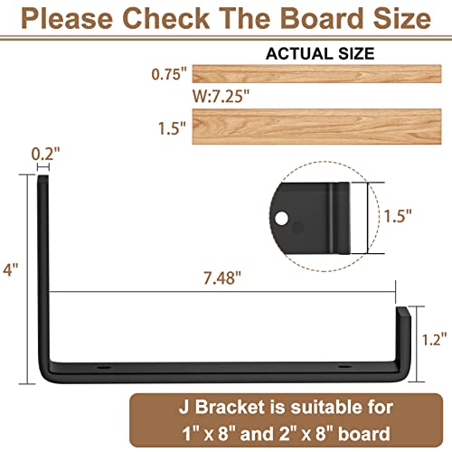8 Inch Wall Shelf Brackets (Match 7.25" Board) 4PCS, Heavy Duty Black Metal, Kitchen, Bathroom, Mantel, Floating Shelves Hardware