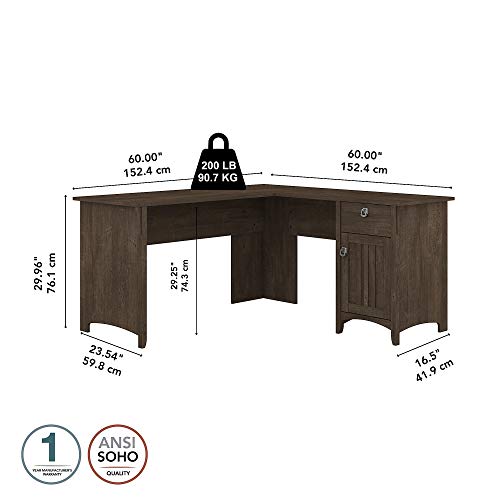 Bush Furniture Salinas L-Shaped Storage | Study Table with Drawers & Cabinets | Home Office Computer Desk, 60W, Ash Brown