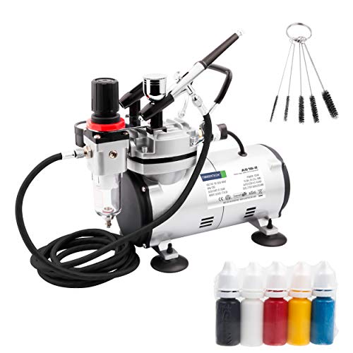 Timbertech Airbrush Kit with Compressor AS18-2K Basic Start Kit with Air Hose, Cleaning Brush & Test Paints for Hobby, Body Tattoo, Graphic and Any Other Airbrush Application