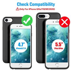 Battery Case for iPhone 6/6s/7/8/se(2020), Upgraded[6000mAh] Portable Protective Charging Case Extended Battery Pack Rechargeable Backup Power Charger Case,Compatible iPhone 6/6s/7/8 (4.7') - Black