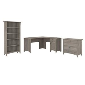 bush furniture salinas l shaped file 5-shelf bookcase | 3 piece living room furniture set | storage cabinet, bookshelf & office desk, 60w, driftwood gray